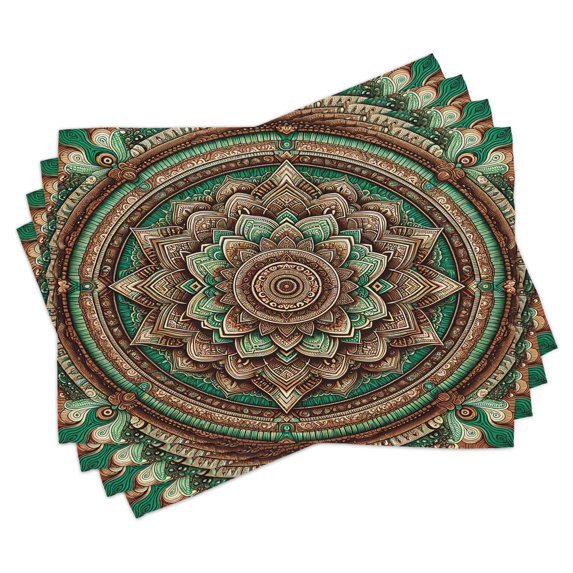 Ambesonne Green Place Mats Set of 4, Bicolor Folk Mandala Ethnic, Standard Size, Chestnut Brown
