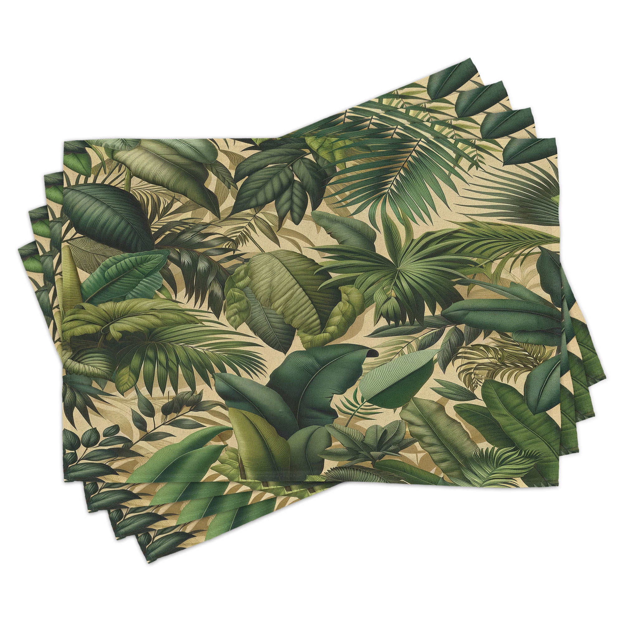 Khaki Teal Pastel Brown Tropical Leaf Polyester Rectangle Placemats Set of 4