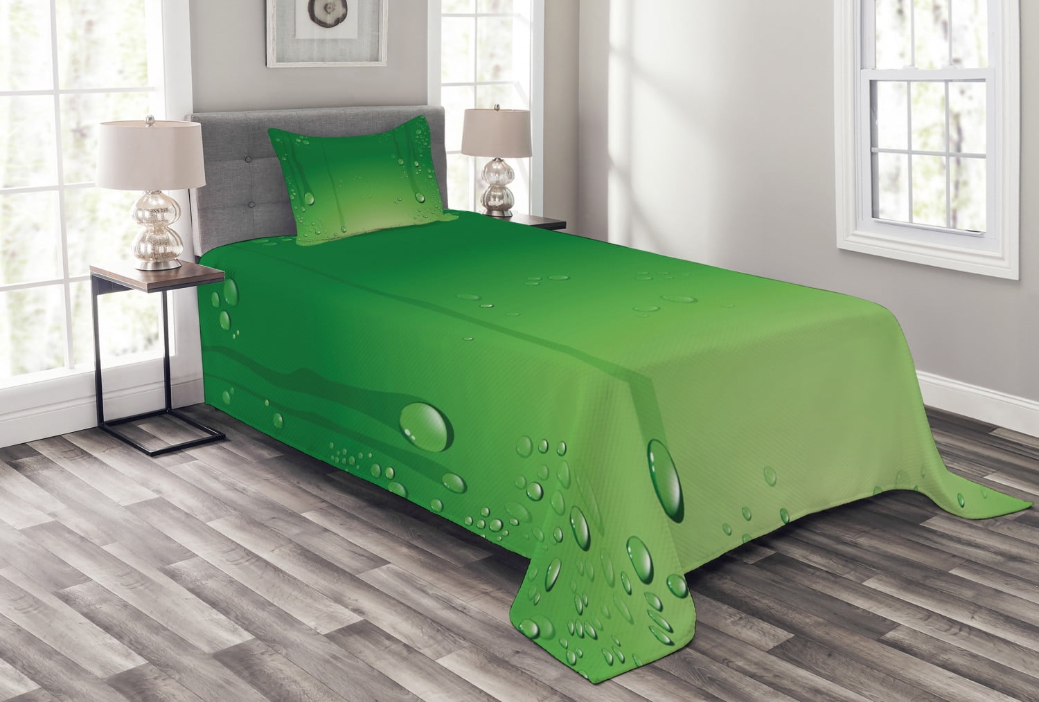 Green and White Quilted Twin Bedspread Set with Pillow Sham