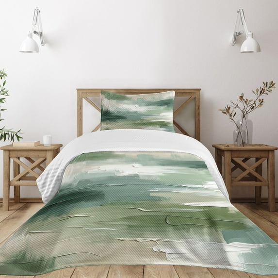 Ambesonne Green Quilted Bedspread Set 2 Pcs, Abstract Brush Strokes Celtic, Twin Size, Slate Brown White Teal