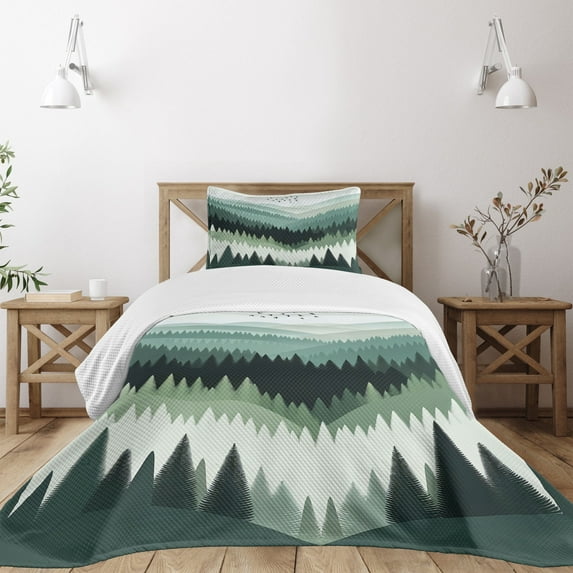 Ambesonne Green Quilted Bedspread Set 2 Pcs, Boho Nature Woodland Valley, Twin Size, Grey Teal Cadet Blue