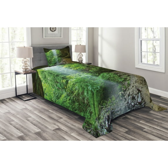 Ambesonne Green Quilted Bedspread Set 2 Pcs, Canyon Michigan Caves, Twin Size, Army and Fern Green