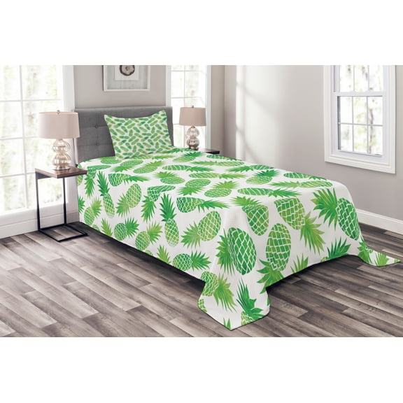 Ambesonne Green Quilted Bedspread Set 2 Pcs, Exotic Pineapple Pattern, Twin Size, Green White