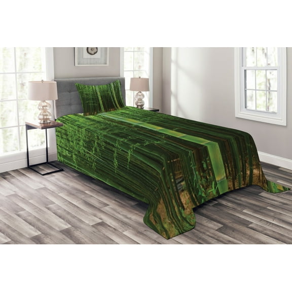 Ambesonne Green Quilted Bedspread Set 2 Pcs, Exotic Tree Forest Scenery, Twin Size, Fern Green