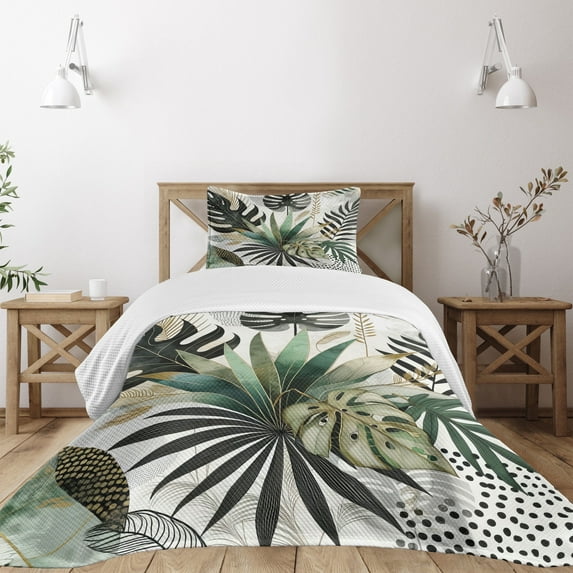 Ambesonne Green Quilted Bedspread Set 2 Pcs, Exotics Scenario of Leaves, Twin Size, Teal Pale Khaki Fawn