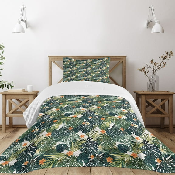 Ambesonne Green Quilted Bedspread Set 2 Pcs, Hawaiian Tropical Flora, Twin Size, Green Dark Teal Orange