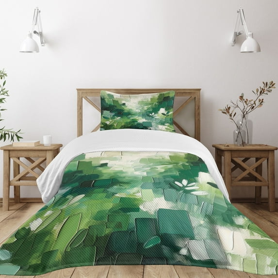 Ambesonne Green Quilted Bedspread Set 2 Pcs, Jade Tones Brush Strokes Art, Twin Size, Teal Ivory