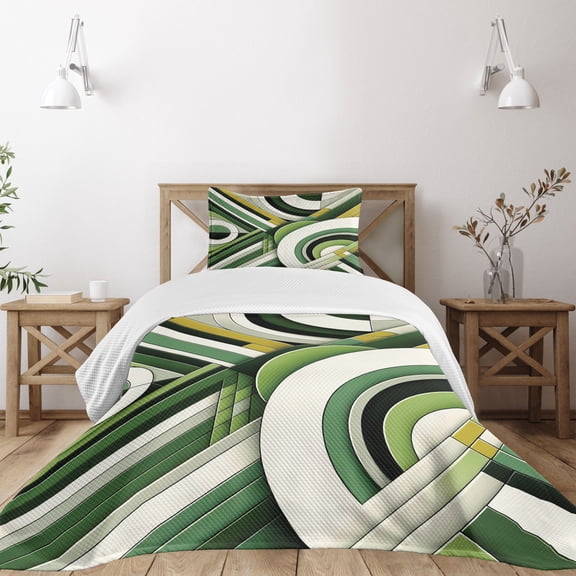 Ambesonne Green Quilted Bedspread Set 2 Pcs, Mid Century Modern Rounds Art, Twin Size, Eggshell Khaki