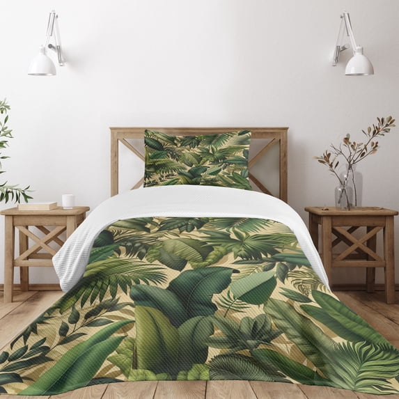 Ambesonne Green Quilted Bedspread Set 2 Pcs, Modern Exotics Palm Tree Leaf, Twin Size, Khaki Teal Pastel Brown