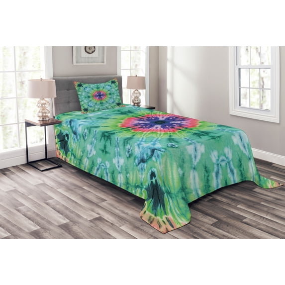 Ambesonne Green Quilted Bedspread Set 2 Pcs, Ombre Art Pink Indigo, Twin Size, Green Pink