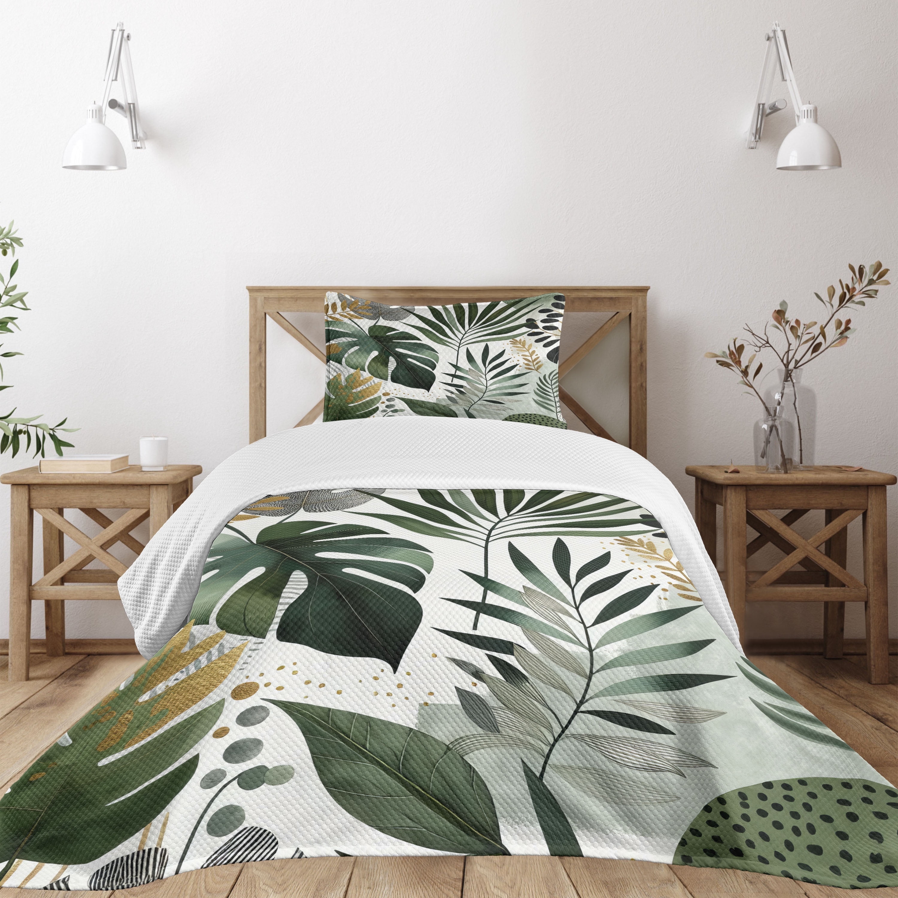 Twin Tropical Green and White Quilted Bedspread Set