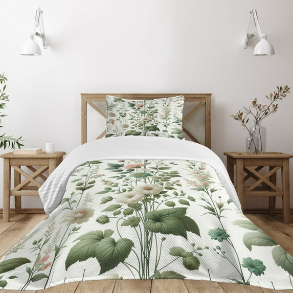 Ambesonne Green Quilted Bedspread Set 2 Pcs, Vintage Farm Floral Huddle, Twin Size, White Multicolor