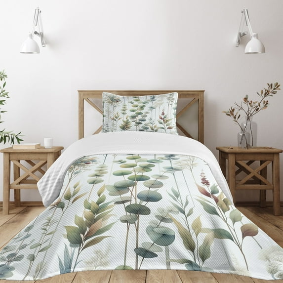 Ambesonne Green Quilted Bedspread Set 2 Pcs, Watercolor Look Urban Jungle, Twin Size, Slate Brown White Khaki
