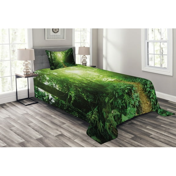Ambesonne Green Quilted Bedspread Set 2 Pcs, Way in Jungle of Malaysia, Twin Size, Green