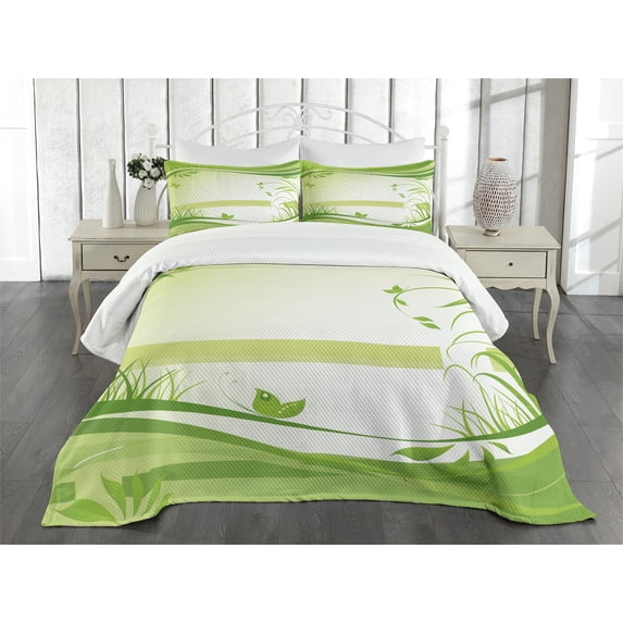 Ambesonne Green Quilted Bedspread Set 3 Pcs, Abstract Fresh Nature, Queen Size, Apple Green Fern Green