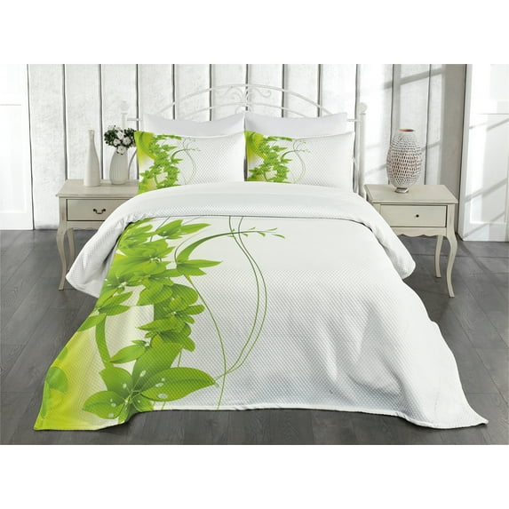 Ambesonne Green Quilted Bedspread Set 3 Pcs, Blooming Fantasy Flora, King Size, Apple Green White
