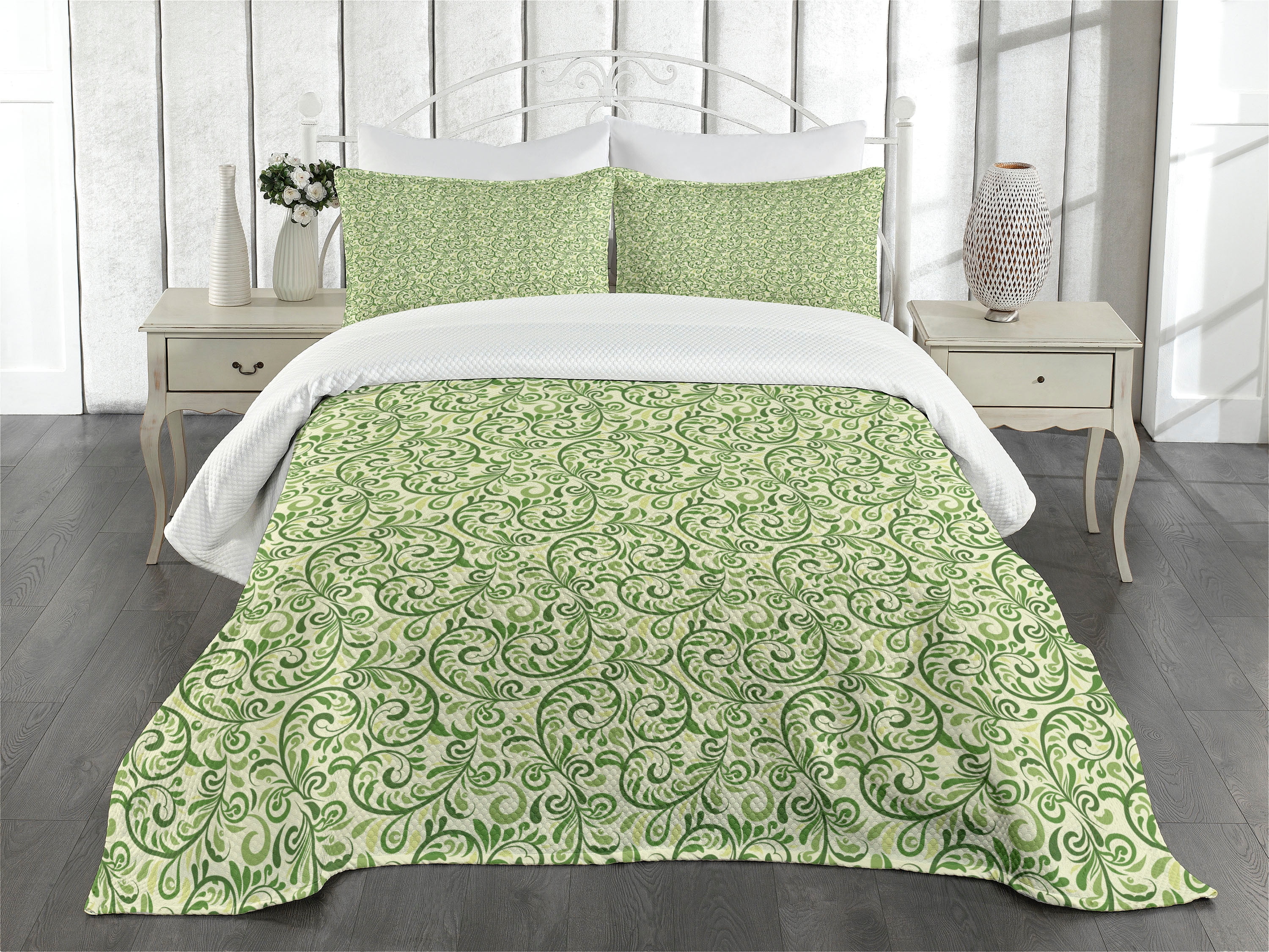 Green Damask King Size Polyester Bedspread Set