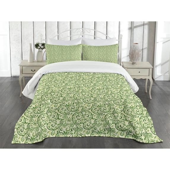 Ambesonne Green Quilted Bedspread Set 3 Pcs, Curly Ornate Leaf Damask, King Size, Pale Green Fern Green