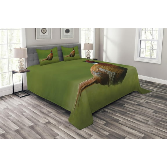 Ambesonne Green Quilted Bedspread Set 3 Pcs, European Creature Scene Photo, King Size, Ginger Chocolate and Red