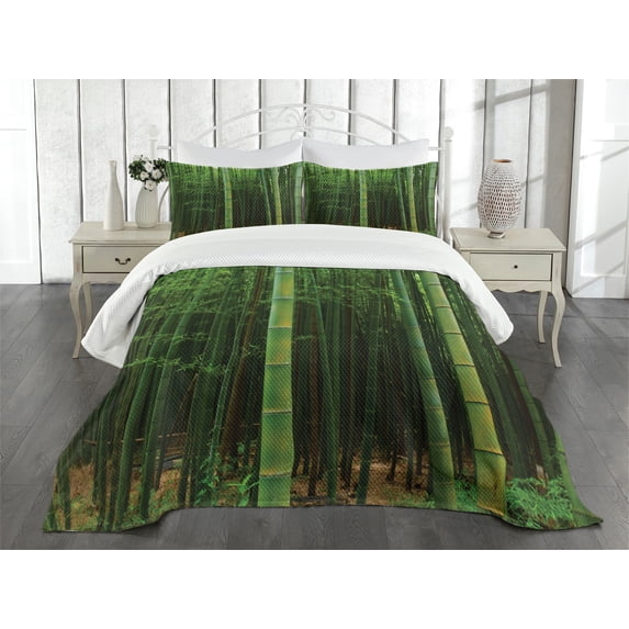 Ambesonne Green Quilted Bedspread Set 3 Pcs, Exotic Tree Forest Scenery, Queen Size, Fern Green