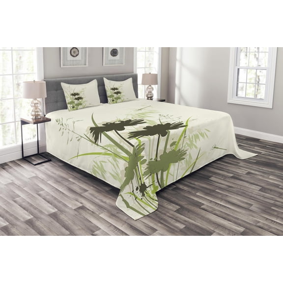 Ambesonne Green Quilted Bedspread Set 3 Pcs, Flowers Leaves Dragonfly, Queen Size, Pale Green Dark Green