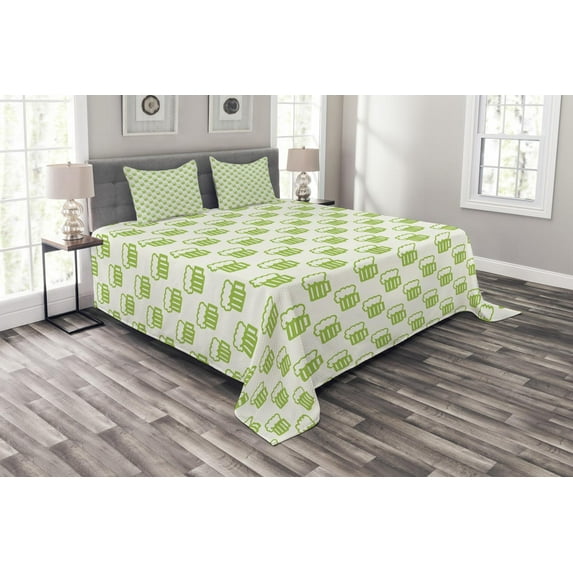 Ambesonne Green Quilted Bedspread Set 3 Pcs, Foamy Beer Glasses, King Size, Apple Green White