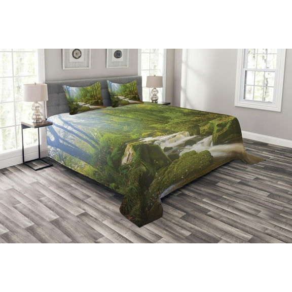 Ambesonne Green Quilted Bedspread Set 3 Pcs, Forest at Golitha Falls, King Size, Green Brown