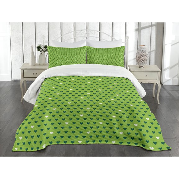 Ambesonne Green Quilted Bedspread Set 3 Pcs, Fun Small Hearts, Queen Size, Lime Green Dark Green