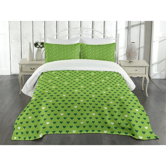 Ambesonne Green Quilted Bedspread Set 3 Pcs, Fun Small Hearts, Queen Size, Lime Green Dark Green