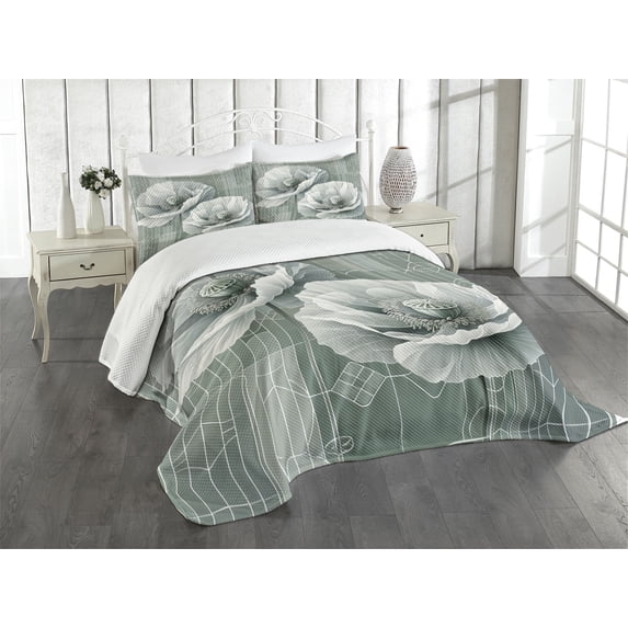Ambesonne Green Quilted Bedspread Set 3 Pcs, Futuristic Poppy Flower Print, King Size, Blue Grey Dark Cadet Blue