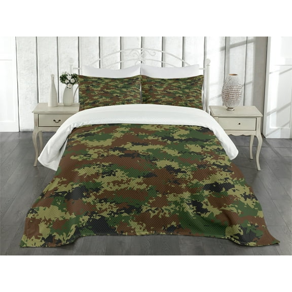 Ambesonne Green Quilted Bedspread Set 3 Pcs, Grunge Graphic Camouflage, Queen Size, Green Pale Green Brown