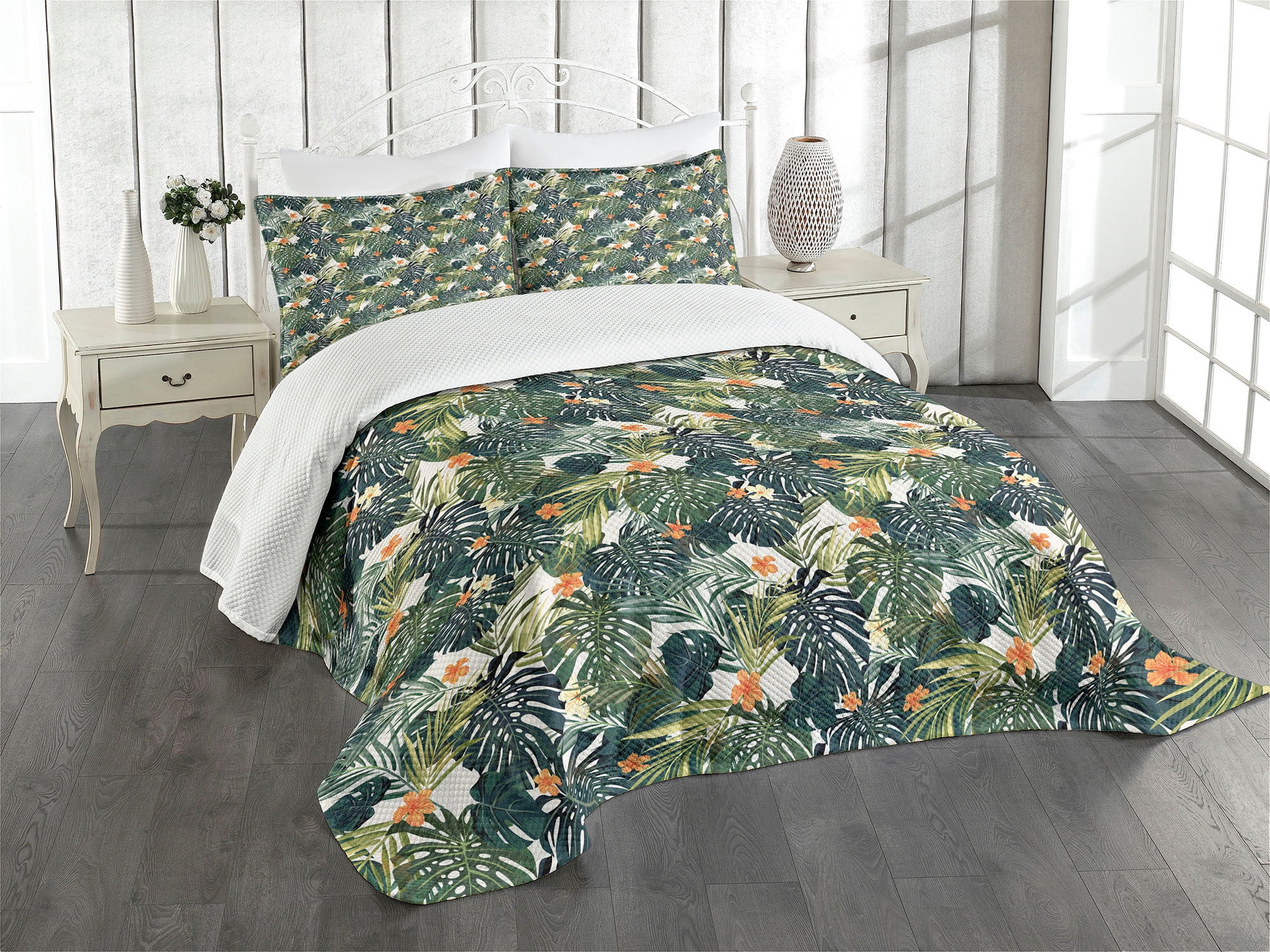 Tropical Floral Green and Orange Quilted Queen Bedspread Set