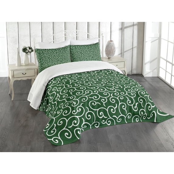 Ambesonne Green Quilted Bedspread Set 3 Pcs, Japanese Pattern, Queen Size, Emerald White