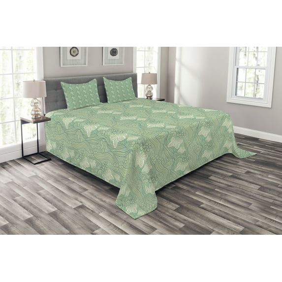 Ambesonne Green Quilted Bedspread Set 3 Pcs, Lace Style Butterflies, Queen Size, Pale Green Turquoise