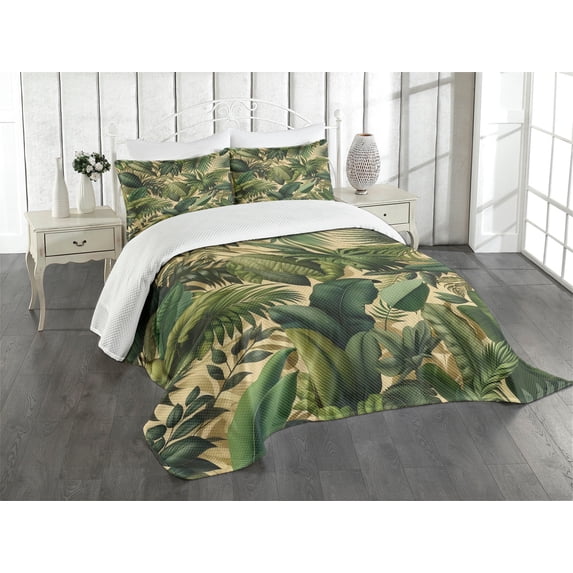 Ambesonne Green Quilted Bedspread Set 3 Pcs, Modern Exotics Palm Tree Leaf, King Size, Khaki Teal Pastel Brown