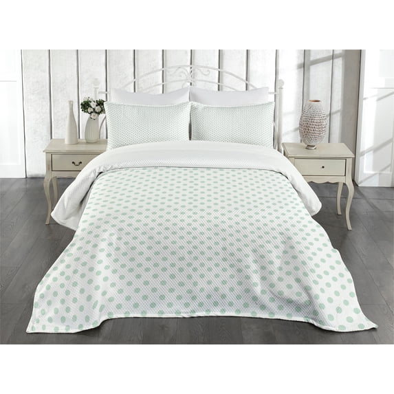 Ambesonne Green Quilted Bedspread Set 3 Pcs, Pastel Polka Dots, King Size, Mint Green White