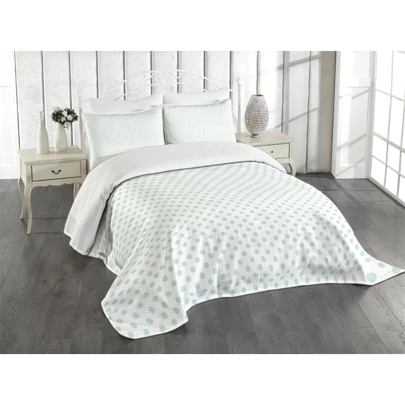 Ambesonne Green Quilted Bedspread Set 3 Pcs, Pastel Polka Dots, Queen Size, Mint Green White