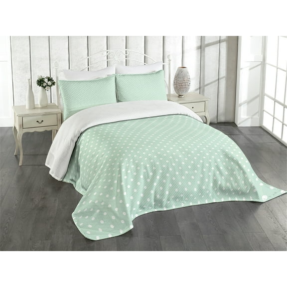 Ambesonne Green Quilted Bedspread Set 3 Pcs, Retro Little Polka Dots, Queen Size, Mint Green White