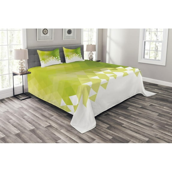 Ambesonne Green Quilted Bedspread Set 3 Pcs, Triangular Abstract Pattern, Queen Size, Yellow Green Lime Green
