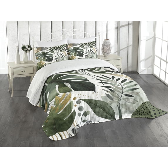 Ambesonne Green Quilted Bedspread Set 3 Pcs, Tropical Nature Design Leaves, Queen Size, Emerald Ivory Pale Brown
