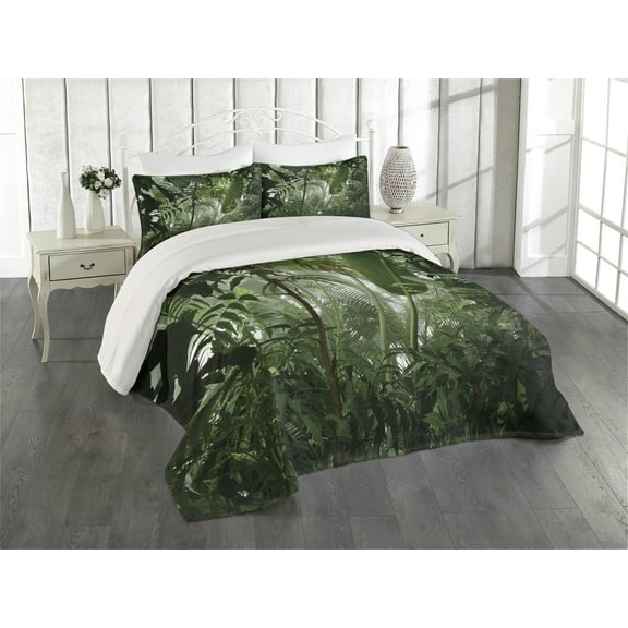 Ambesonne Green Quilted Coverlet 3 Pcs, Tropical Rainforest Wild, Queen Size, Green
