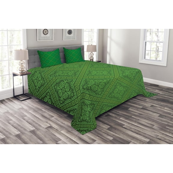 Ambesonne Green Quilted Bedspread Set 3 Pcs, Vector Foliage Pattern, Queen Size, Forest Green