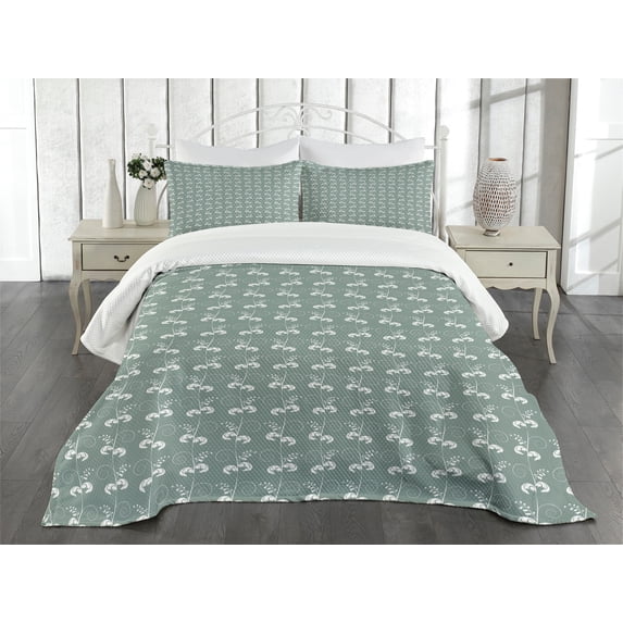 Ambesonne Green Quilted Bedspread Set 3 Pcs, Victorian, Queen Size, Pale Sage Green White