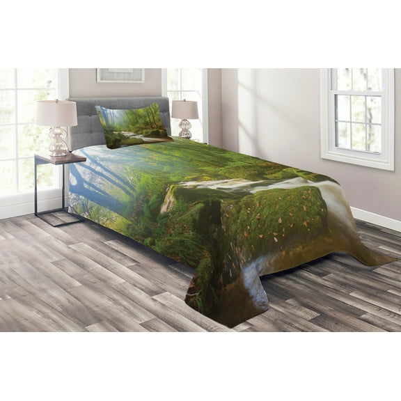 Ambesonne Green Quilted Coverlet 2 Pcs, Forest at Golitha Falls, Twin Size, Green Brown