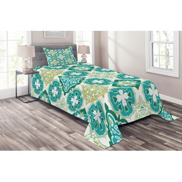 Ambesonne Green Quilted Coverlet 2 Pcs, Geometric Colored Tiles, Twin Size, Green Teal White