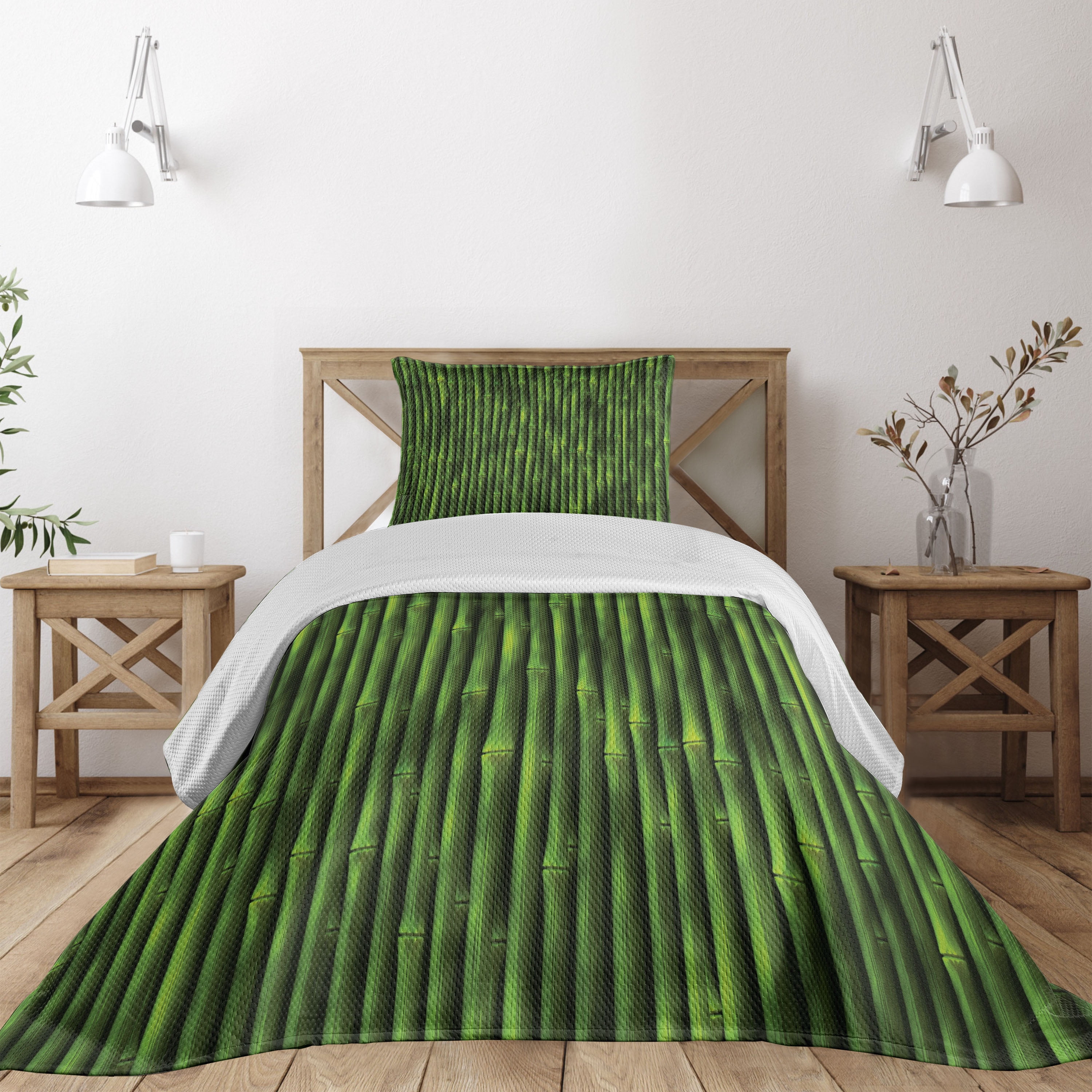 Green Bamboo Print Twin Quilted Bedspread Set