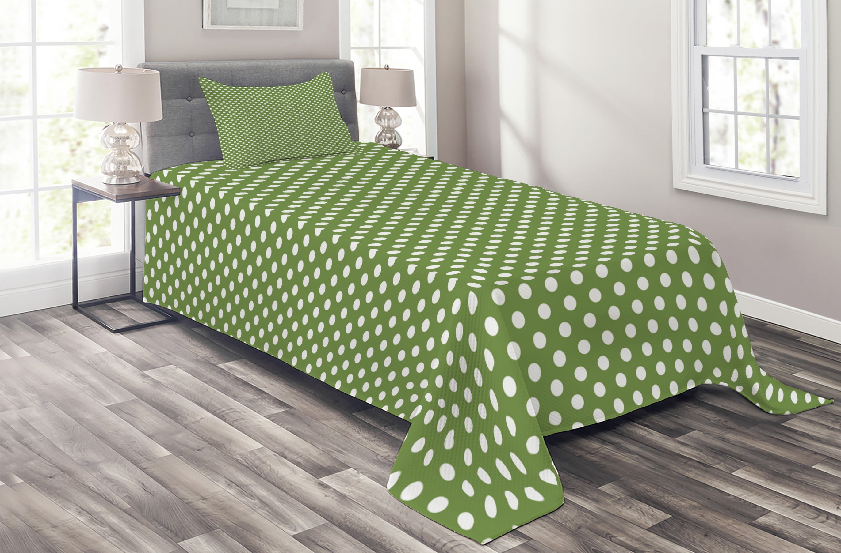 Olive Green and White Polka Dot Twin Bedspread Set