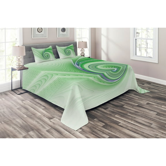 Ambesonne Green Quilted Coverlet 3 Pcs, Abstract Fractal Spirals, Queen Size, Green