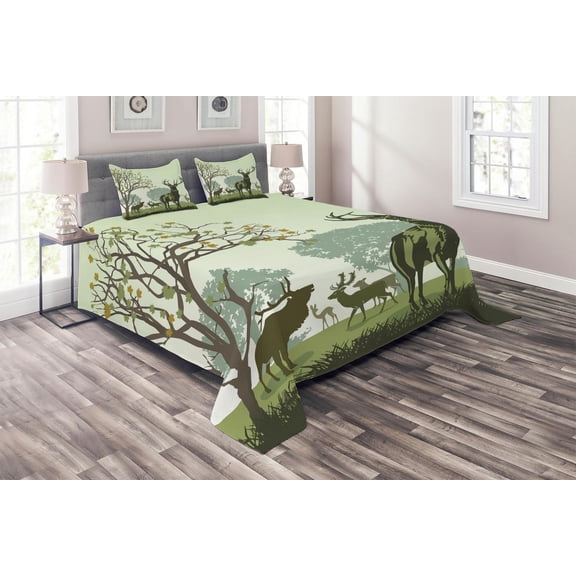 Ambesonne Green Quilted Coverlet 3 Pcs, Deer and Nature Park, King Size, Green