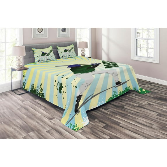 Ambesonne Green Quilted Coverlet 3 Pcs, Grunge Baseball Pop Art, Queen Size, Green Yellow